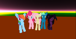 Size: 1368x705 | Tagged: safe, artist:melimoo2000, character:flutterbat, character:fluttershy, character:pinkie pie, character:rainbow dash, character:sky stinger, oc, oc:blood rose, species:bat pony, species:pony, 3d, bat ears, bat ponified, bat pony oc, bat wings, clothing, female, fishnets, folded wings, horns, long hair, long mane, long tail, male, male and female, mare, mare and stallion, race swap, second life, slitted eyes, stallion, standing, stockings, succubus, succubus pony, surrounded by mares, thigh highs, wings