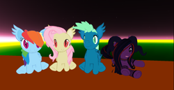 Size: 1368x705 | Tagged: safe, artist:melimoo2000, character:flutterbat, character:fluttershy, character:rainbow dash, character:sky stinger, oc, oc:blood rose, species:bat pony, species:pony, 3d, bat ears, bat ponified, bat pony oc, bat wings, clothing, female, fishnets, folded wings, horns, male, male and female, mare, mare and stallion, race swap, second life, sitting, sitting together, slitted eyes, stallion, stockings, succubus, succubus pony, surrounded by mares, thigh highs, wings