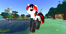 Size: 1468x768 | Tagged: safe, artist:melimoo2000, oc, oc:blackjack, species:pony, species:unicorn, fallout equestria, fallout equestria: project horizons, 3d, amputee, cutie mark, eyebrows, female, giant pony, horn, house, lake, lily pad, long tail, macro, mare, prosthetic leg, prosthetic limb, prosthetics, second life, short hair, smiling, solo, tree, walking