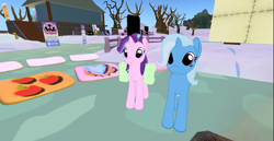 Size: 1368x705 | Tagged: safe, artist:melimoo2000, character:starlight glimmer, character:trixie, species:pony, species:unicorn, 3d, bag, cutie mark, female, horn, long mane, long tail, looking at you, mare, ponyville, saddle bag, second life, snow, train station, tree, two toned mane, winter