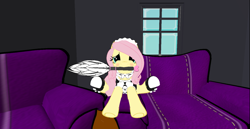 Size: 1488x768 | Tagged: safe, artist:melimoo2000, character:fluttershy, species:pegasus, species:pony, 3d, alternate hairstyle, blushing, clothing, collar, couch, duster, female, fluttermaid, heels on a horse, lace, lifted leg, looking at you, maid, maid headdress, mare, mouth hold, raised hoof, second life, sitting, solo, window