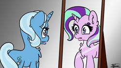 Size: 2250x1256 | Tagged: safe, artist:minty joy, character:starlight glimmer, character:trixie, species:pony, species:unicorn, equestria girls:mirror magic, g4, my little pony: equestria girls, duo, duo female, female, mirror, reflection, simple background, wtf