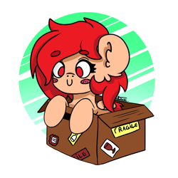 Size: 1824x1824 | Tagged: safe, artist:minty joy, oc, species:pony, blush sticker, blushing, box, chibi, circle background, cute, pony in a box, red eyes, red mane, simple background, solo, ych result