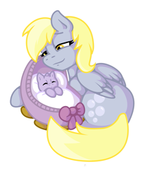 Size: 777x900 | Tagged: safe, artist:raygirl, character:derpy hooves, character:dinky hooves, species:pegasus, species:pony, species:unicorn, baby, baby pony, crib, cute, dawwww, derpabetes, dinkabetes, duo, duo female, equestria's best mother, female, foal, lidded eyes, mare, outline, prone, ribbon, simple background, sleeping, smiling, transparent background