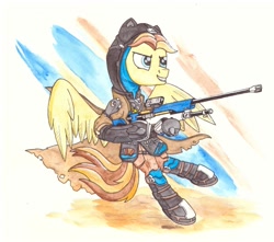 Size: 1280x1134 | Tagged: safe, artist:zocidem, oc, oc:stjonal, species:pegasus, species:pony, crossover, overwatch, solo, traditional art, weapon