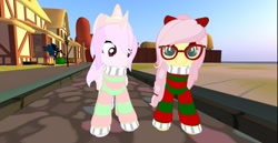 Size: 1988x1025 | Tagged: safe, alternate version, artist:melimoo2000, character:fluttershy, oc, oc:candy floss, species:alicorn, species:bat pony, species:pegasus, species:pony, 3d, alicorn oc, alternate hairstyle, alternate universe, bat pony alicorn, bat pony oc, bat wings, big ears, big eyes, bow, clothing, crown, female, fluffy mane, folded wings, freckles, glasses, hair bow, horn, houses, jewelry, long hair, long mane, long tail, looking at you, mare, pastel, regalia, second life, standing, standing up, striped sweater, sweater, two toned mane, two toned tail, two toned wings, wings