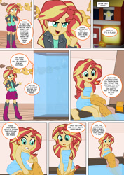 Size: 800x1133 | Tagged: safe, artist:imbriaart, character:sunset shimmer, species:siren, comic:becoming a siren, my little pony:equestria girls, bodysuit, candy, clothing, comic, costume, female, fish tank, food, halloween, holiday, jack-o-lantern, open mouth, pumpkin, smiling, solo, towel