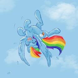 Size: 2048x2048 | Tagged: safe, artist:pfeffaroo, part of a set, character:rainbow dash, species:pegasus, species:pony, backwards cutie mark, cloud, cute, eyes closed, feather, female, flying, laughing, mare, sky, solo, upside down