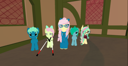 Size: 1488x768 | Tagged: safe, alternate version, artist:melimoo2000, character:fluttershy, oc, oc:aqua blitz, oc:flash stinger, oc:melody breeze stinger, oc:static ocean stinger, parent:fluttershy, parent:sky stinger, parents:fluttersky, species:bat pony, species:pegasus, species:pony, 3d, alternate hairstyle, alternate universe, bandaid, bat pony oc, bat wings, blind, blind pony, bow, braid, children, clothing, collar, colt, female, filly, folded wings, freckles, glasses, hair bow, hoodie, house, long hair, long mane, long tail, looking at you, male, mare, messy mane, mother, mother and child, mother and daughter, mother and son, offspring, pacifier, second life, shawl, socks, standing, sweater, thigh highs, tied mane, wings