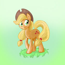 Size: 2048x2048 | Tagged: safe, artist:pfeffaroo, part of a set, character:applejack, species:earth pony, species:pony, clothing, cowboy hat, female, gradient background, grass, hat, mare, smiling, solo