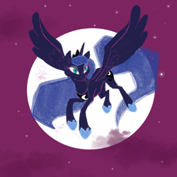 Size: 2048x2048 | Tagged: safe, artist:pfeffaroo, character:princess luna, species:alicorn, species:pony, female, flying, full moon, mare, moon, night, night sky, sky, solo, stars