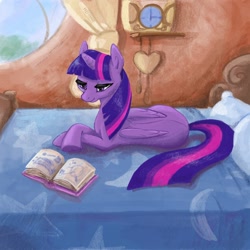 Size: 2048x2048 | Tagged: safe, artist:pfeffaroo, character:twilight sparkle, character:twilight sparkle (alicorn), species:alicorn, species:pony, bed, bedroom, book, clock, female, golden oaks library, heart, lying down, lying on bed, mare, pillow, prone, reading, smiling, solo, window