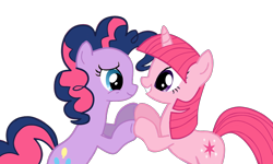 Size: 1280x766 | Tagged: safe, artist:rozyfly10, character:pinkie pie, character:twilight sparkle, character:twilight sparkle (unicorn), species:earth pony, species:pony, species:unicorn, duo, eye contact, female, hooves together, looking at each other, mare, palette swap, recolor, simple background, smiling, transparent background, vector