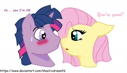 Size: 1980x1148 | Tagged: safe, artist:khaotixdreamfd, character:fluttershy, character:twilight sparkle, oc:dusk shine, ship:twishy, blushing, dialogue, duskshy, female, half r63 shipping, looking at each other, male, rule 63, shipping, straight, sweat, sweatdrop
