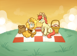 Size: 1100x800 | Tagged: safe, artist:xwreathofroses, character:bright mac, character:pear butter, species:earth pony, species:pony, ship:brightbutter, episode:the perfect pear, g4, my little pony: friendship is magic, basket, clothing, female, flower, flower in hair, guitar, hat, male, musical instrument, picnic, picnic basket, picnic blanket, scene interpretation, shipping, straight, you're in my head like a catchy song