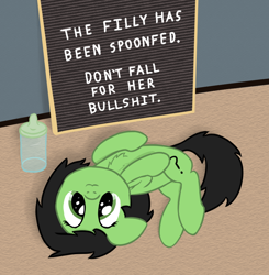 Size: 904x921 | Tagged: safe, artist:craftycirclepony, derpibooru original, oc, oc only, oc:filly anon, species:earth pony, species:pony, :3, baby bottle, behaving like a cat, chest fluff, cute, female, filly, floppy ears, looking at you, lying down, on back, ponified animal photo, sign, solo, starry eyes, vulgar, wingding eyes