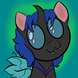 Size: 601x601 | Tagged: safe, artist:amynewblue, oc, oc only, oc:swift dawn, species:changeling, species:pony, blue changeling, blue eyes, changeling oc, commission, fangs, owo, simple background, smiling, smiling at you, solo, ych result