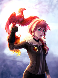 Size: 2341x3152 | Tagged: safe, artist:rysunkowasucharia, character:sunset shimmer, species:human, species:phoenix, my little pony:equestria girls, alternate hairstyle, braid, clothing, falconry, female, high res, humanized, looking at you, solo