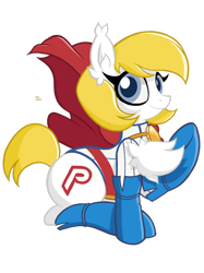 Size: 1280x1707 | Tagged: safe, artist:theratedrshimmer, species:earth pony, species:pony, blue eyes, boots, cape, chest fluff, clothing, cute, dc superhero girls, fluffy, gloves, ponified, power girl, shoes, simple background, solo, transparent background, white coat, yellow mane