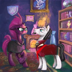 Size: 2048x2048 | Tagged: safe, artist:pfeffaroo, character:chancellor neighsay, character:tempest shadow, species:pony, species:unicorn, book, bookshelf, bust, cloak, clothing, female, fireplace, frame, globe, glowing horn, horn, male, portrait, princess platinum, rug, shipping, statue, straight, tempest neighsay, vase