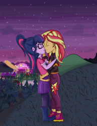 Size: 2469x3206 | Tagged: safe, artist:samyvillaly, character:sunset shimmer, character:twilight sparkle, character:twilight sparkle (scitwi), species:eqg human, ship:scitwishimmer, ship:sunsetsparkle, equestria girls:sunset's backstage pass, g4, my little pony: equestria girls, my little pony:equestria girls, spoiler:eqg series (season 2), female, lesbian, music festival outfit, shipping