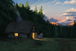 Size: 3000x2000 | Tagged: safe, artist:redruin01, oc, oc:amber dart, species:pony, airship, blanket, chimney, clearing, cottage, dirt path, forest, forest background, moon, scenery, scenery porn, smoke, solo, sunrise