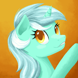 Size: 800x800 | Tagged: safe, artist:ariah101, character:lyra heartstrings, species:pony, species:unicorn, bust, female, mare, orange background, portrait, raised hoof, simple background, smiling, solo