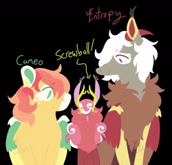 Size: 1280x1231 | Tagged: safe, artist:lepiswerid, character:screwball, oc, oc:cameo (lepiswerid), oc:entropy (lepiswerid), parent:big macintosh, parent:discord, parent:fluttershy, parents:discomac, parents:discoshy, parents:fluttermac, species:draconequus, species:pegasus, species:pony, marsverse, antlers, black background, deviantart, ear fluff, eye clipping through hair, female, green eyes, half-siblings, horns, hybrid, interspecies, interspecies offspring, lineless, magical gay spawn, male, next generation, offspring, red eyes, redesign, siblings, simple background, smiling, worried, yellow eyes