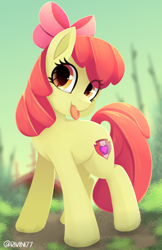 Size: 2200x3400 | Tagged: safe, alternate version, artist:rivin177, character:apple bloom, species:earth pony, species:pony, g4, adorabloom, blep, blurred background, bow, cute, eye clipping through hair, female, filly, hair bow, high res, looking at you, solo, tongue out