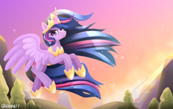 Size: 3800x2400 | Tagged: safe, alternate version, artist:rivin177, character:twilight sparkle, character:twilight sparkle (alicorn), species:alicorn, species:pony, episode:the last problem, g4, my little pony: friendship is magic, crown, cute, eye clipping through hair, female, flying, high res, hoof shoes, jewelry, looking at you, mare, older, older twilight, princess twilight 2.0, regalia, sky, smiling, solo, spread wings, twiabetes, wings