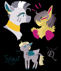 Size: 1200x1400 | Tagged: safe, artist:lepiswerid, character:daring do, character:zecora, oc, oc:tafuta, parent:daring do, parent:zecora, parents:daringcora, species:pegasus, species:pony, species:zebra, species:zony, marsverse, ship:daringcora, baby, baby pony, baby zony, black background, blue eyes, cutie mark, ear piercing, earring, female, hybrid, interspecies offspring, jewelry, lesbian, lesbian couple, lineless, magical lesbian spawn, male, neck rings, offspring, piercing, pink eyes, redesign, shipping, simple background, stripes