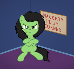 Size: 983x921 | Tagged: safe, artist:craftycirclepony, derpibooru original, oc, oc only, oc:filly anon, species:earth pony, species:pony, angry, blushing, cheek fluff, chest fluff, corner, crossed arms, crossed legs, cute, ear fluff, embarrassed, featureless crotch, female, filly, frown, looking at you, naughty, scrunchy face, sign, sitting, solo, spread legs, spreading, time out, time out corner, twilight's castle