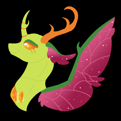 Size: 1000x1000 | Tagged: safe, artist:lepiswerid, character:thorax, species:changeling, species:reformed changeling, marsverse, black background, eyelashes, insect wings, lidded eyes, lineless, male, no nostrils, redesign, separated horn, simple background, solo, sparkles, wings
