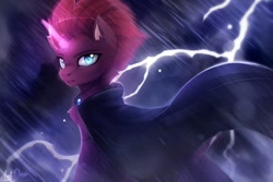 Size: 1500x1000 | Tagged: safe, artist:lostdreamm, character:tempest shadow, species:pony, species:unicorn, my little pony: the movie (2017), cape, clothing, female, lightning, magic horn, mare, rain, signature, thunder