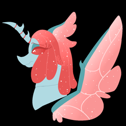 Size: 1000x1000 | Tagged: safe, artist:lepiswerid, character:ocellus, species:changeling, species:reformed changeling, marsverse, black background, changeling queen, eyelashes, female, insect wings, older, older ocellus, redesign, separated horn, simple background, solo, sparkles, wings