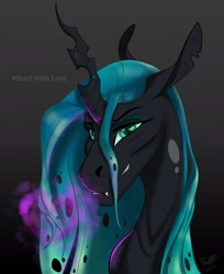 Size: 2036x2490 | Tagged: safe, artist:finchina, character:queen chrysalis, species:changeling, bust, changeling queen, fangs, female, glow, heart, lidded eyes, portrait, signature, smiling, smoke, solo
