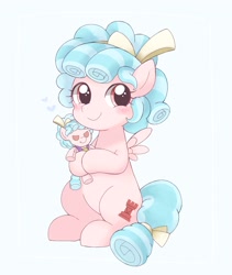 Size: 1725x2048 | Tagged: safe, artist:ginmaruxx, character:cozy glow, species:pegasus, species:pony, blushing, cozybetes, cute, female, filly, headband, looking at you, plushie, simple background, sitting, smiling, solo, white background