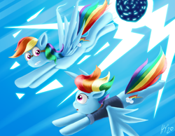 Size: 1773x1378 | Tagged: safe, artist:jphyperx, character:rainbow dash, species:pegasus, species:pony, episode:the last problem, g4, my little pony: friendship is magic, season 9, spoiler:s09, double rainbow, lightning, older, older rainbow dash, self paradox, time paradox, time travel