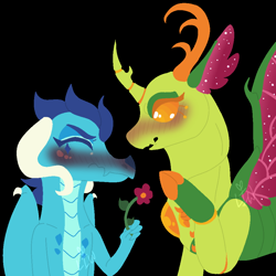 Size: 1000x1000 | Tagged: safe, artist:lepiswerid, character:princess ember, character:thorax, species:changeling, species:dragon, species:reformed changeling, marsverse, black background, blushing, blushing profusely, cute, dragoness, emberbetes, embrax, eyelashes, female, flower, insect wings, lidded eyes, lineless, male, redesign, separated horn, shipping, simple background, sparkles, straight, thorabetes, wings
