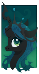 Size: 3000x5705 | Tagged: safe, artist:belka-sempai, character:queen chrysalis, species:changeling, g4, abstract background, absurd resolution, bust, changeling queen, colored pupils, crown, cute, cutealis, female, gradient background, horn, jewelry, looking at you, portrait, profile, regalia, smiling, solo