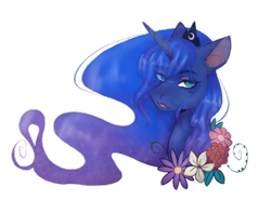 Size: 580x430 | Tagged: safe, artist:brendalobinha, character:princess luna, species:alicorn, species:pony, bust, crown, female, flower, jewelry, looking at you, mare, regalia, simple background, solo, transparent background, wavy mane