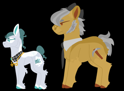 Size: 1500x1100 | Tagged: safe, artist:lepiswerid, character:cloudy quartz, character:igneous rock pie, species:earth pony, species:pony, marsverse, black background, clothing, colored hooves, cutie mark, glasses, glasses off, lineless, markings, older, pattern, redesign, side view, simple background, tied up mane