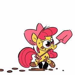 Size: 4096x4096 | Tagged: safe, artist:kylesmeallie, character:apple bloom, apple bloom's bow, bow, dirty, female, filly, hair bow, mouth hold, shovel, solo