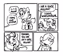 Size: 2048x1810 | Tagged: safe, artist:kylesmeallie, character:megan williams, character:wind whistler, species:human, species:pegasus, species:pony, g1, my little pony 'n friends, black and white, bow tie, captain obvious, clothing, comic, dialogue, dress, duo, female, grayscale, mare, monochrome, ribbon, simple background, white background