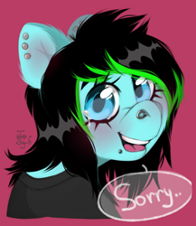 Size: 800x920 | Tagged: safe, artist:joonyash, oc, oc only, oc:scene chick, species:earth pony, species:pony, bust, clothing, commission, crying, dialogue, dyed mane, ear piercing, earring, female, jewelry, looking at you, mare, nose piercing, open mouth, piercing, pink background, shirt, signature, simple background, snake bites, solo, speech bubble, t-shirt, ych result