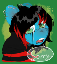 Size: 800x900 | Tagged: safe, artist:joonyash, oc, oc only, oc:emo lad, species:earth pony, species:pony, bust, clothing, commission, crying, dialogue, dyed mane, ear piercing, earring, green background, hoodie, jewelry, lip piercing, looking at you, male, open mouth, piercing, sad, signature, simple background, solo, speech bubble, stallion, ych result