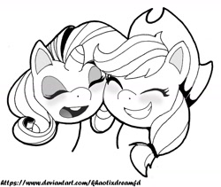 Size: 1448x1224 | Tagged: safe, artist:khaotixdreamfd, character:applejack, character:rarity, species:earth pony, species:pony, species:unicorn, ship:rarijack, my little pony:pony life, black and white, cheek to cheek, cute, eyes closed, female, grayscale, grin, jackabetes, lesbian, monochrome, my little pony, open mouth, raribetes, shipping, smiling