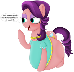 Size: 2172x2102 | Tagged: safe, artist:girlsvoreboys, character:spoiled rich, blushing, dialogue, grin, lidded eyes, open mouth, same size vore, simple background, smiling, stomach bulges, transparent background, vore