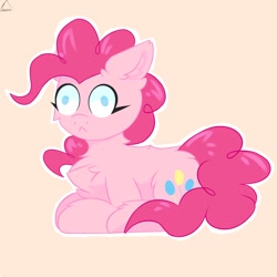 Size: 1500x1500 | Tagged: safe, artist:glazirka, character:pinkie pie, species:earth pony, species:pony, :<, blank stare, chest fluff, derp, ear fluff, female, frown, lying down, mare, no pupils, pink background, simple background, solo