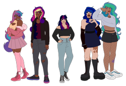 Size: 2582x1768 | Tagged: safe, artist:blacksky1113, oc, oc only, oc:angsty emocore, oc:clausa vera, oc:misanthropy melody, oc:myringa, oc:soprano shadow, species:human, annoyed, bedroom eyes, belly button, belt, boob window, boots, choker, clothing, coat, commission, converse, dark skin, dress, eyeshadow, female, fishnets, fur coat, gloves, grin, group, half-siblings, heart, hoodie, humanized, humanized oc, jeans, lip piercing, lipstick, makeup, midriff, multicolored hair, nail polish, nose piercing, not cadance, not celestia, not flurry heart, not luna, not twilight sparkle, pants, piercing, shirt, shoes, shorts, siblings, simple background, sisters, skirt, smiling, snake bites, sneakers, socks, spiked choker, spiked wristband, stockings, t-shirt, tattoo, thigh highs, torn clothes, transparent background, unamused, vitiligo, wall of tags, wristband